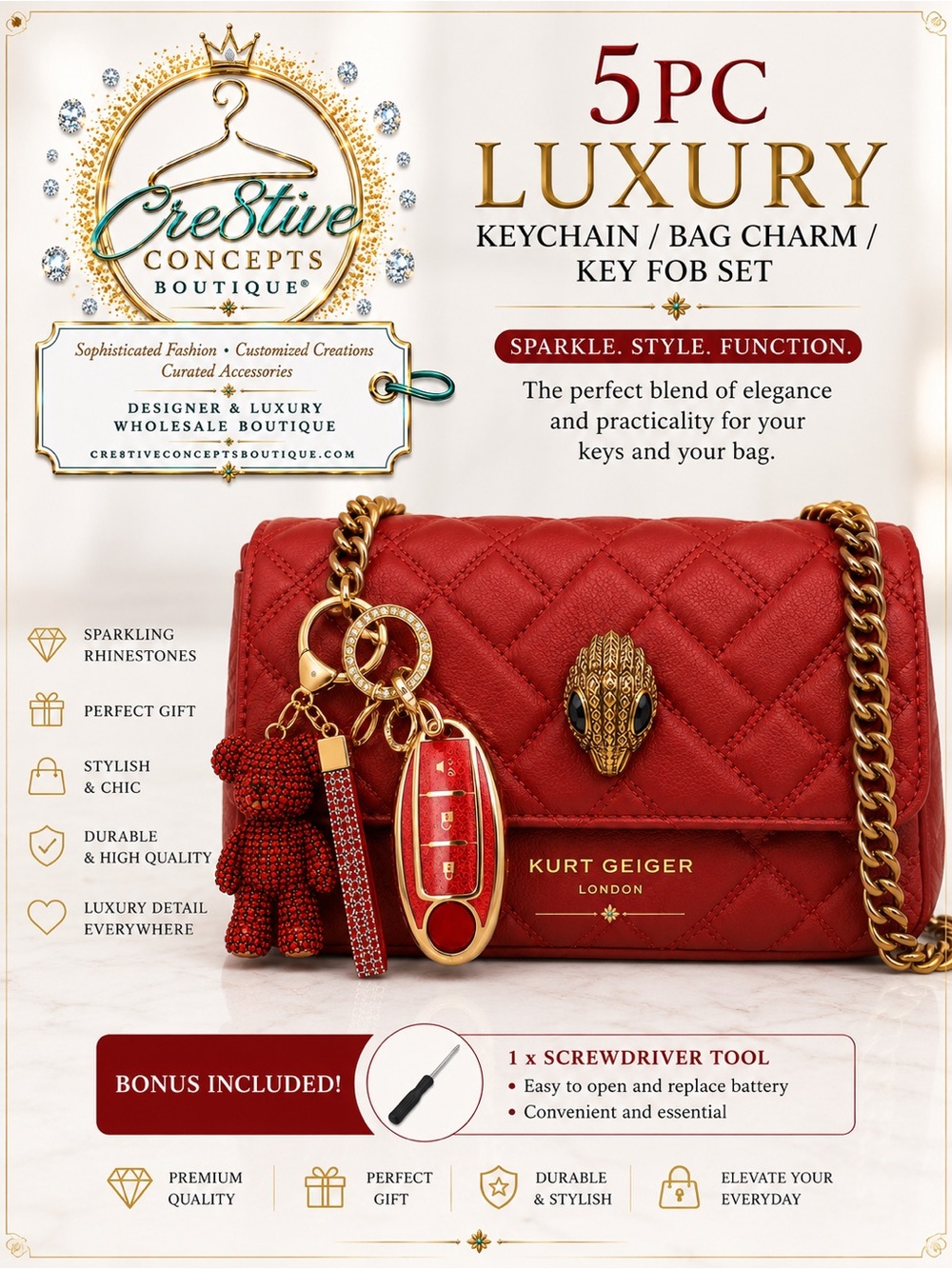 5PC Luxury Keychain / Bag Charm / Key Fob Set
